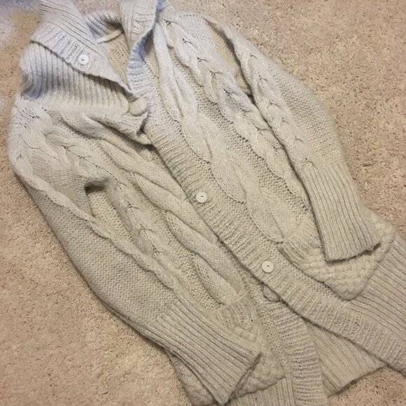 Y2K Tomboy Jeans Long Chunky Cream Cable Knit Wool Blend Button Up Sweater - Picture 9 of 15